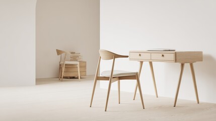 organized. A clean and simple office corner featuring a wooden desk and chair under soft natural light. real-estate listings.