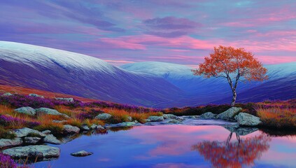 A tranquil mountain landscape with a lone, colorful autumn tree reflected in a serene pool of water, bathed in a vibrant sunset.