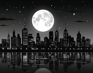 Night cityscape reflected in calm water under a full moon (1)