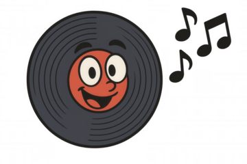 Vinyl record cartoon character happily playing music, retro smiling musical disk with notes, transparent background