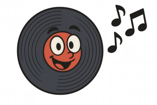 Vinyl record cartoon character happily playing music, retro smiling musical disk with notes, transparent background - Powered by Adobe