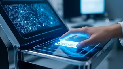 Modern scanner with digital interface displaying intricate circuit patterns in a tech workspace - Powered by Adobe