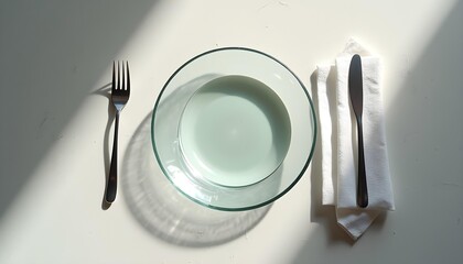 Place Setting with Green Plate, Silverware, and White Napkin on Table