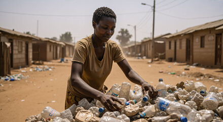 An African woman sorts through a large pile of plastic bottles in a dusty, impoverished village street, reflecting environmental challenges.
