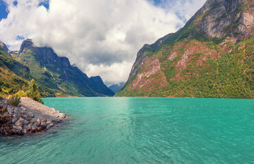 The shore of Lake Oldevatnet. The beautiful nature of Norway. Oldedalen, Norway