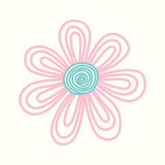 Beautiful minimalist vector illustration of an abstract flower featuring a continuous line art style. The design showcases a stylized daisy with pink outline petals and a turquoise mint green spiral c