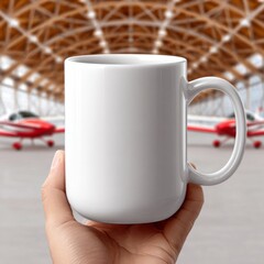 Hand holding a blank mug in front of red airplanes at an airport hangar