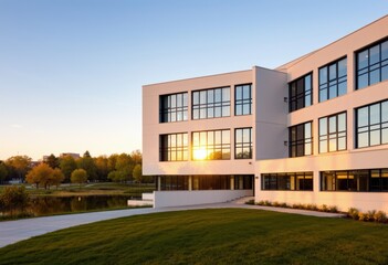 Obraz premium Modern corporate headquarters building with sleek architecture at sunset