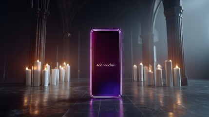 Moody futuristic Halloween interior with levitating smartphone, glowing purple orange holographic voucher box and flickering candles in a dramatic gothic hall