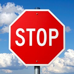 Obraz premium Octagonal red sign against a blue sky with fluffy white clouds; it displays the word 