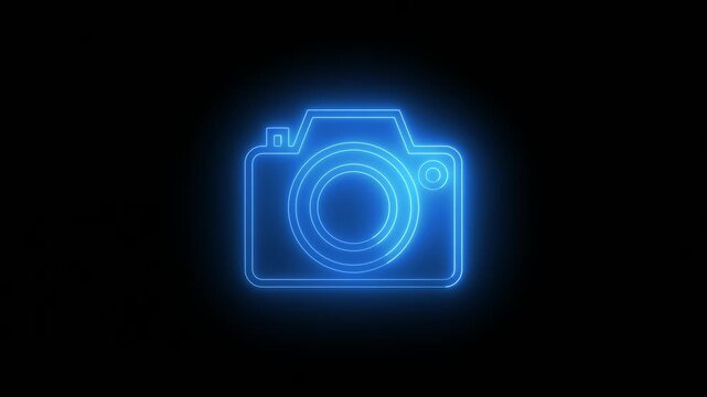 Glowing neon camera icon against a black background.