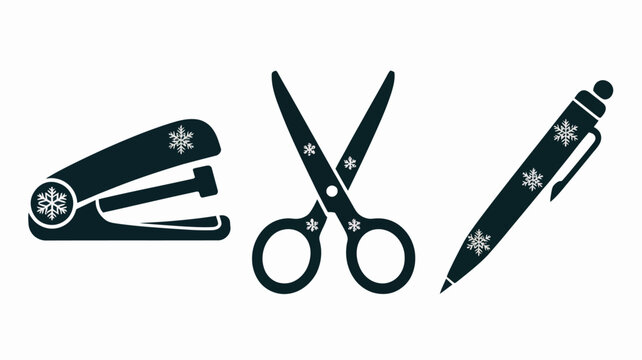A graphic of a stapler scissors and pen with snowflake designs on a white background in black color