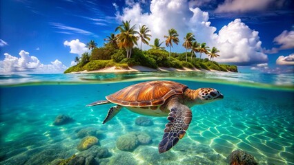 Sea turtle swimming gracefully in clear turquoise waters near a tropical island under a bright sky

