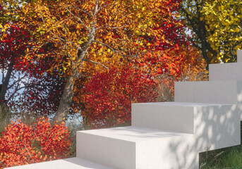 Abstract autumn scene with a podium for product display. 3d rendering