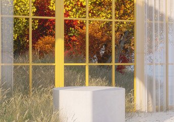 Abstract autumn scene with a podium for product display. 3d rendering