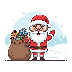 Cute Santa Claus Vector with Gifts and Snow Background, Sticker Style