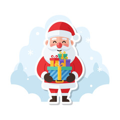 Cute Santa Claus Vector with Gifts and Snow Background, Sticker Style