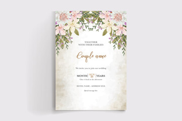 WEDDING INVITATION FRAME WITH FLOWER DECORATIONS AND FRESH LEAVES