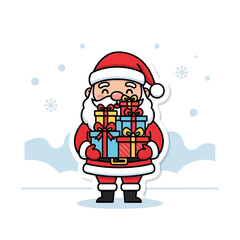 Cute Santa Claus Vector with Gifts and Snow Background, Sticker Style