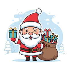 Cute Santa Claus Vector with Gifts and Snow Background, Sticker Style