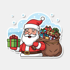 Cute Santa Claus Vector with Gifts and Snow Background, Sticker Style