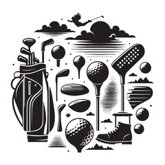 Collection of golf-related icons and silhouettes in a circular arrangement with a dynamic feel