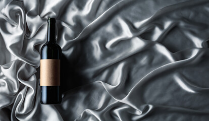 Bottle of red wine with an empty label on a satin background.