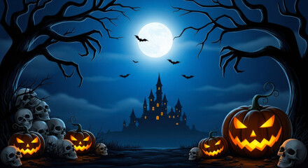 Fototapeta premium Spooky halloween night with a full moon, haunted castle, jackolanterns, and bats flying in the dark sky