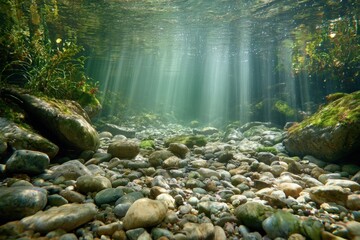 Sunlight streams through clear, tranquil underwater riverbed, illuminating pebbles and mossy rocks.