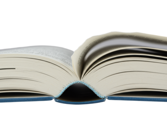 Open hardcover book, torn deckle-edged page, fibrous pulp, blue linen spine, crisp text, on transparent, macro low-angle, dramatic raking light, concept of material texture and craftsmanship