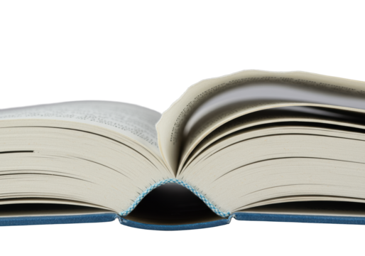 Open hardcover book, torn deckle-edged page, fibrous pulp, blue linen spine, crisp text, on transparent, macro low-angle, dramatic raking light, concept of material texture and craftsmanship