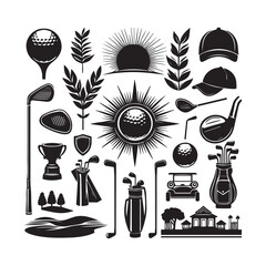 Diverse Collection of Golfing Icons and Landscape Silhouettes on White Background golf ball golf club