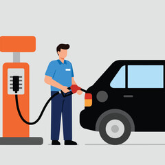 Man filling black car at orange gas pump on gray background, flat style