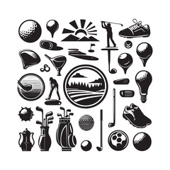 Diverse Golfing Imagery and Sports Icons in Silhouette Arrangement golf ball golf club