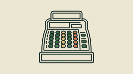 A simplified illustration of a vintage cash register with colorful round buttons and dark green outline