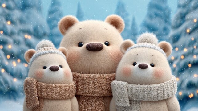 Winter scene with three cute bears wearing scarves in a snowy forest setting