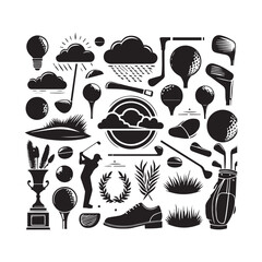 Diverse golf-themed icons and silhouettes scattered in a rectangular composition with a black and white style