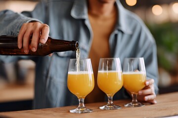 Craft brewery owner pouring beer into glasses at bar Generative AI