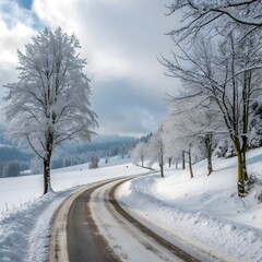 Obraz premium Winter road, snowy landscape, frozen trees, rural scenery, cold weather