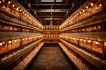 Fototapeta premium Interior Perspective of Multi Tiered Structure with Warm Lights and Water Feature