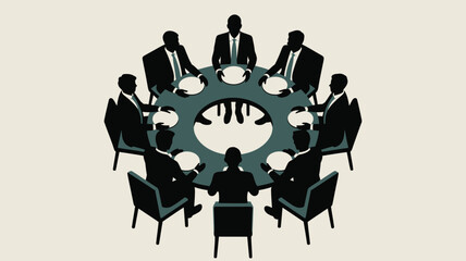 A stylized illustration of a business meeting with people sitting around a gear shaped table top view