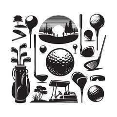 Golf Course Landscape and Equipment Silhouettes in Black and White Illustration Keywords: golf, sport, landscape, trees, golf course, golf clubs, golf balls, golf bag, golf cart, silhouette, black