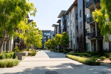 Modern apartment buildings with lush green trees and walkway