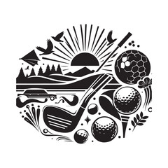 Golf Elements Integrated with a Landscape Scene at Sunrise Black and White Vector Graphics Keywords: golf, golf clubs, golf balls, golf tees, golf bag, landscape, sunrise, mountains, trees, birds
