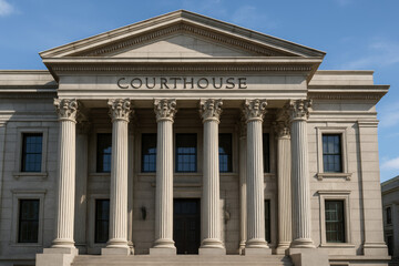Fototapeta premium Courthouse exterior with large stone columns, classical architecture, blue sky background