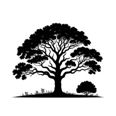 Silhouette of large oak tree with wide branches spreading foliage natural forest woodland element landscape detail isolated on white background
