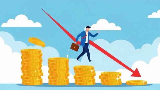 Businessman standing on coins with downward arrow showing loss