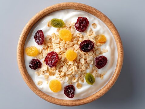 Top Down View of Granola Bowl with Dried Fruits Displayed on Light Gray Surface