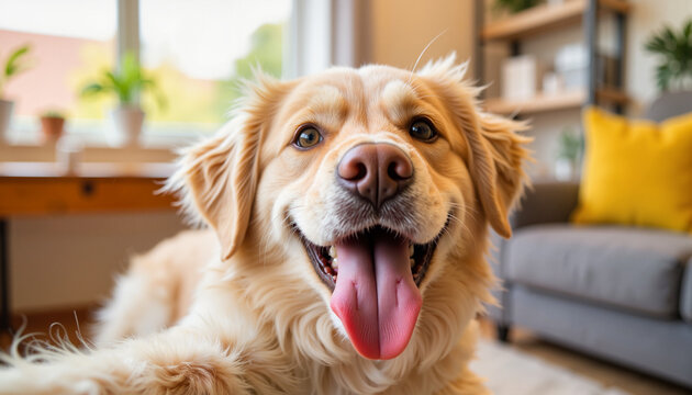 Excited dog with tongue out in cozy living room, joyful companionship