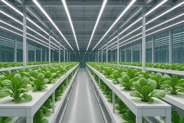 Modern greenhouse interior with rows of hydroponic plants under LED lights